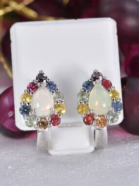 Natural Ethopian Opal w/ Natural Stones Halo Hoop Earrings 925 Sterling Silver